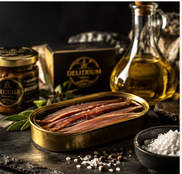 Selección gourmet de anchoas, aceite de oliva y sal